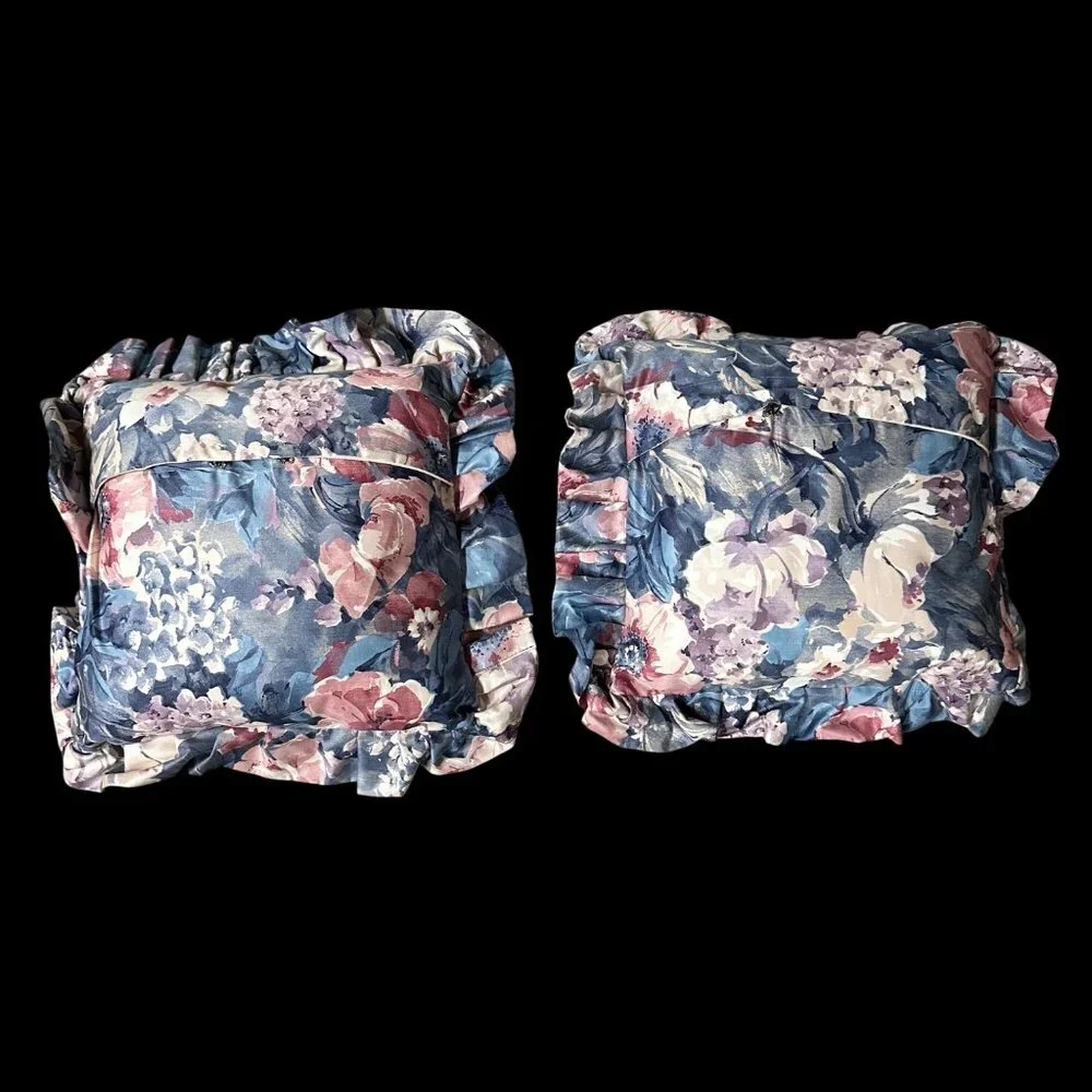 Vintage Throw Pillows Handmade 1980s Floral Ruffled Pink Blue Decorative Flowers